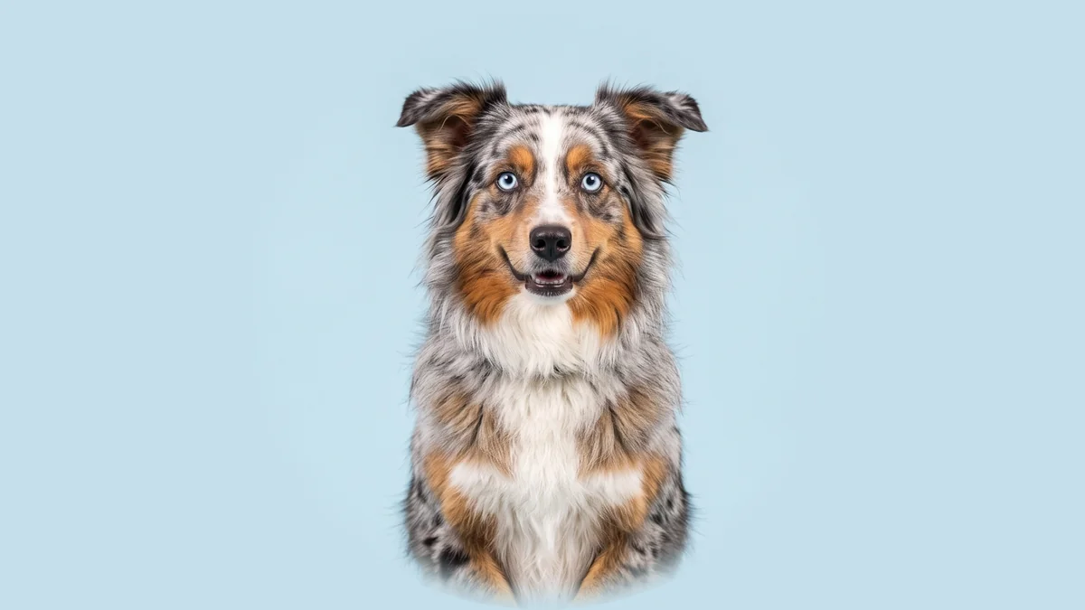 Australian Shepherd in Blue Merle mit blauen Augen und weißer Blesse sitzt vor hellblauem Studiogrund.